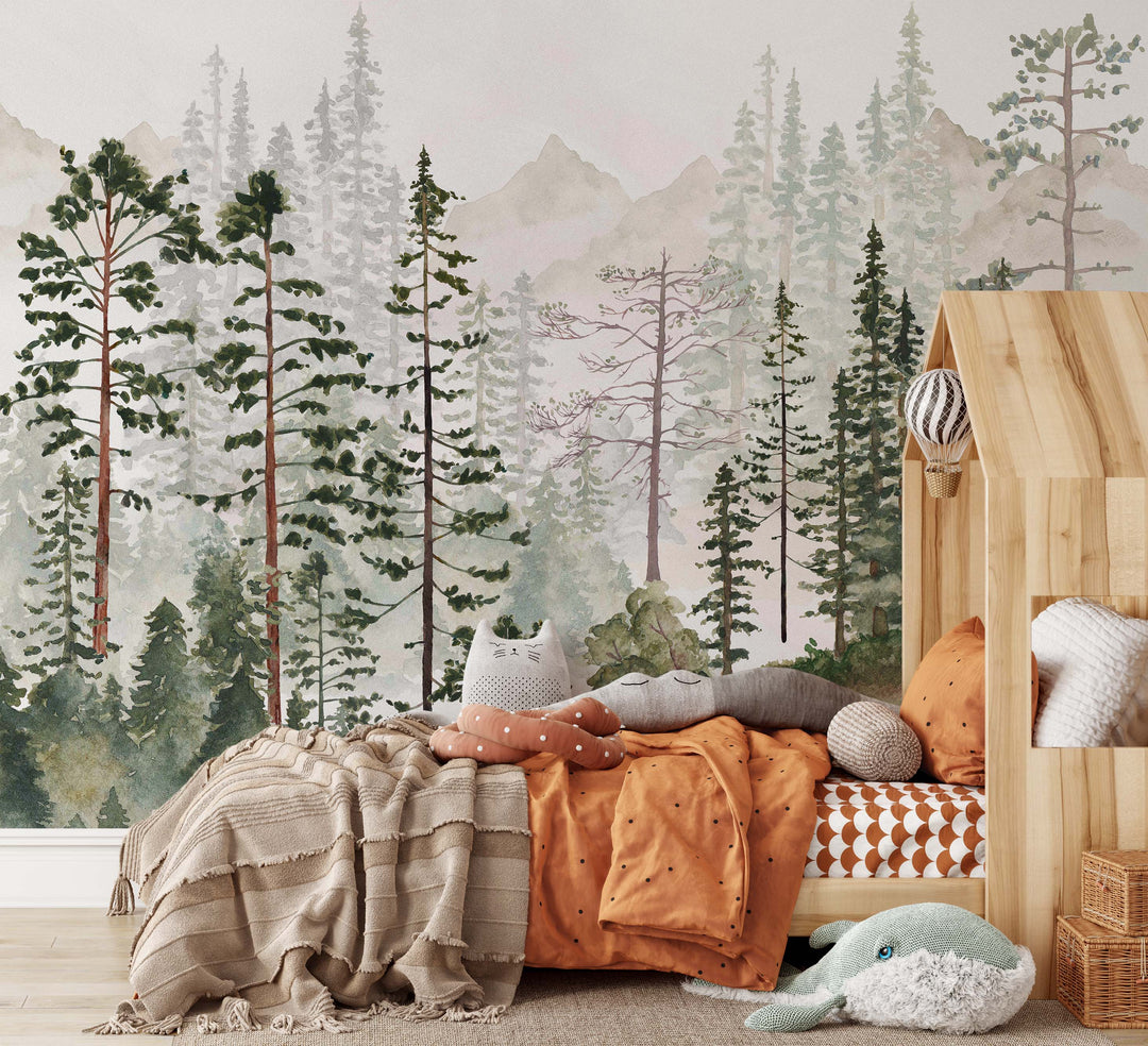 Foggy Pine Tree Forest Mural | Woodland Boys Kids Nursery Wallpaper