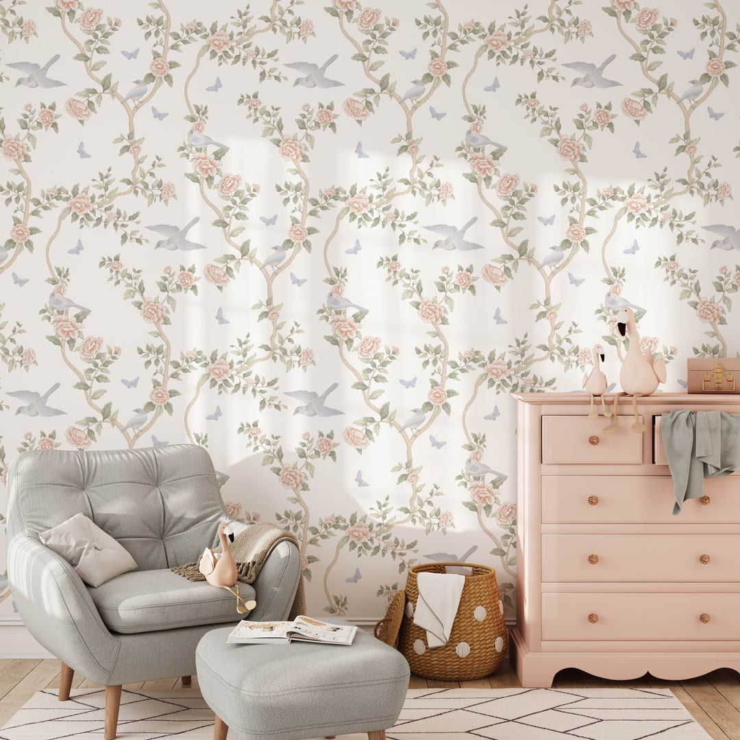 Le Tariche Chinoiserie Mural in Pastels and White | Floral Elegant Girl Nursery Wallpaper