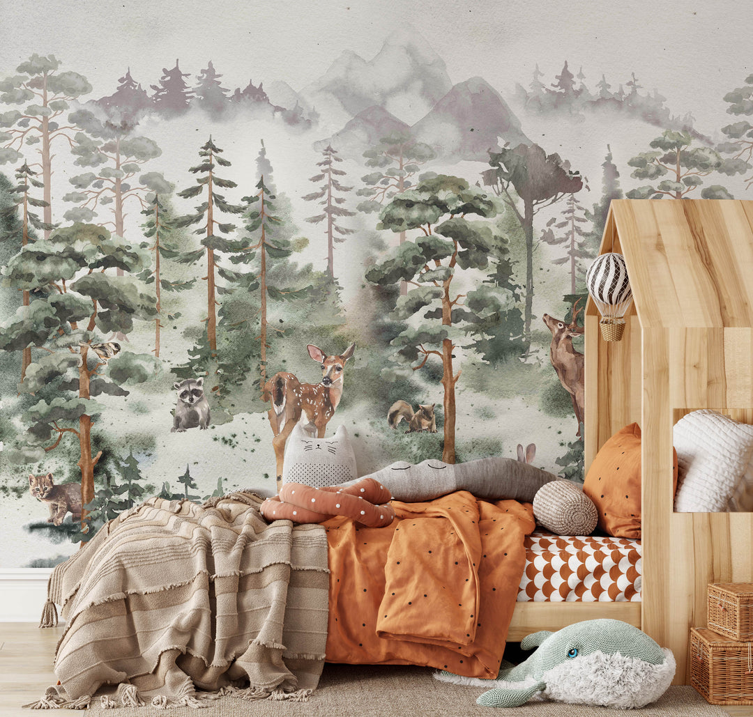 Deer Woodland Mural | Woodland Pines Forest Boys Girls Kids Nursery Wallpaper