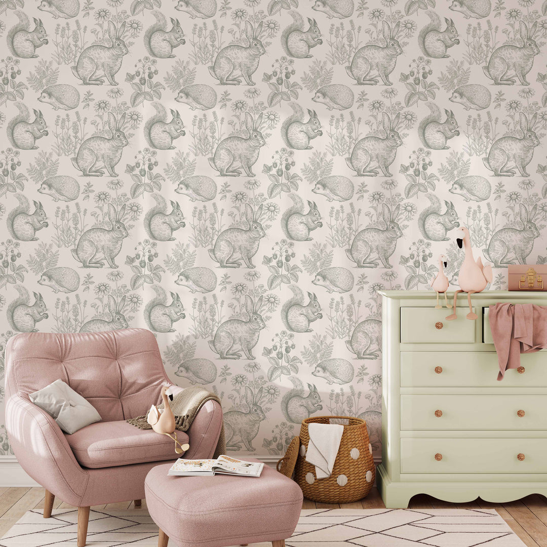 Whimsy Critters Wallpaper in Sage