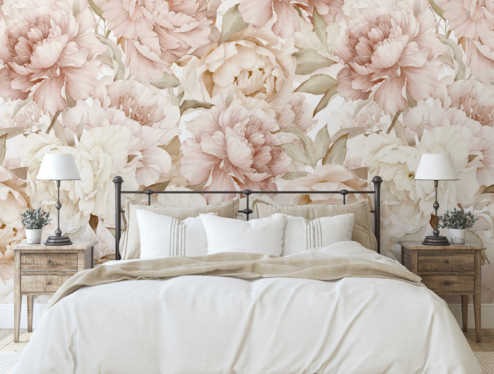 Boho Blush Watercolor Peony Bouquet Mural | Large Scale Floral Girl Nursery Wallpaper