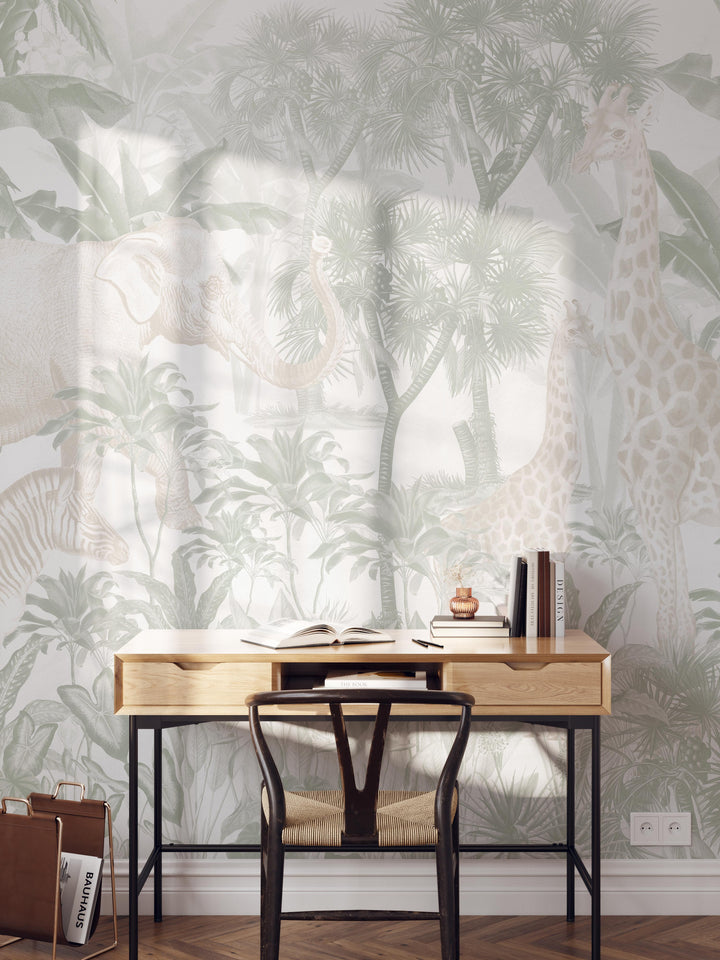 Antique African Jungle Mural in Sage and Cream