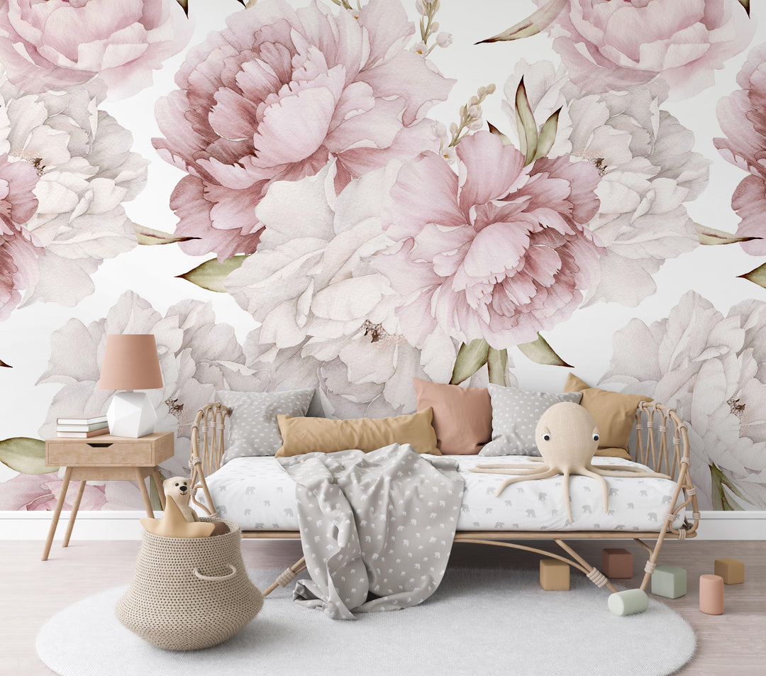 Sweet Pinky Peony Bouquet Mural | Large Scale Floral Bouquet Girl Nursery Wallpaper