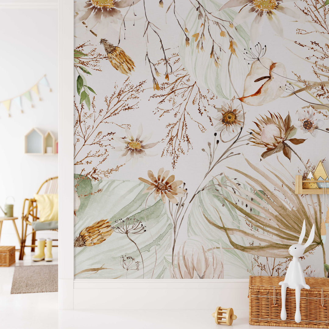 Boho Spring Mural | Delicate Boho Floral Girl Nursery Wallpaper