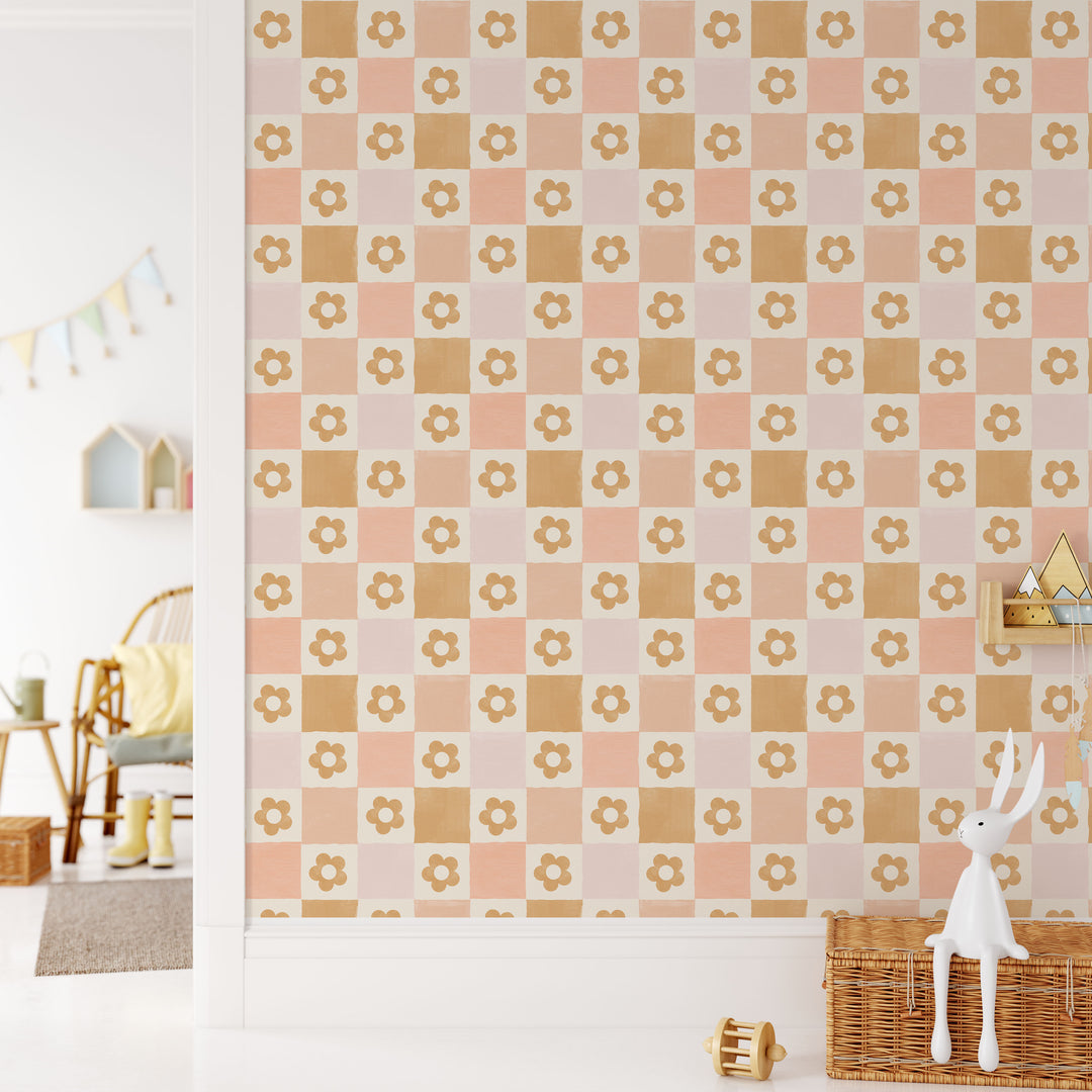 Boho Flower Checker Wallpaper