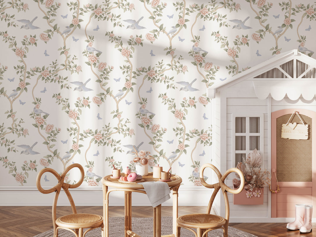 Le Tariche Chinoiserie Mural in Pastels and White | Floral Elegant Girl Nursery Wallpaper