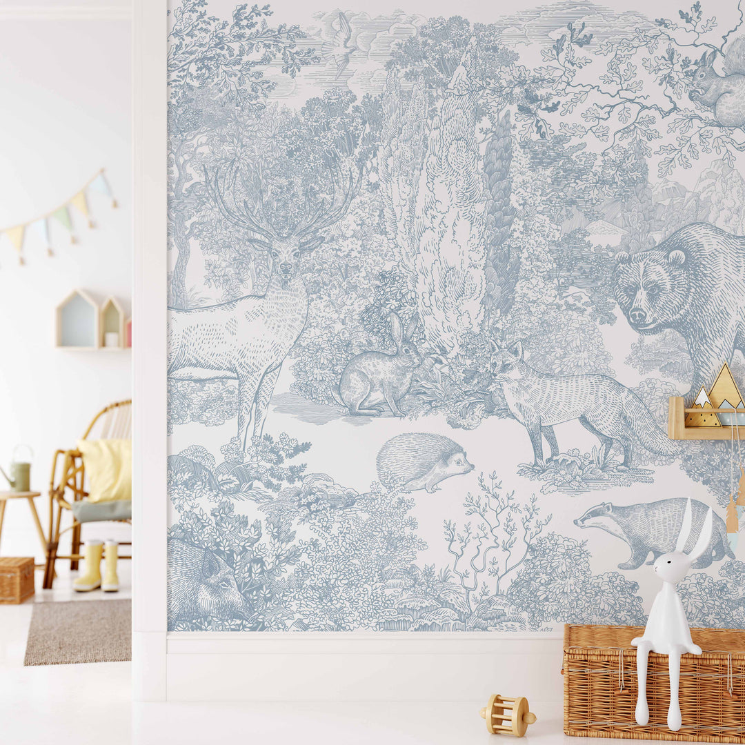 Timeless Forest Wallpaper Mural in Blue - Antique Woodland Scene with Animals