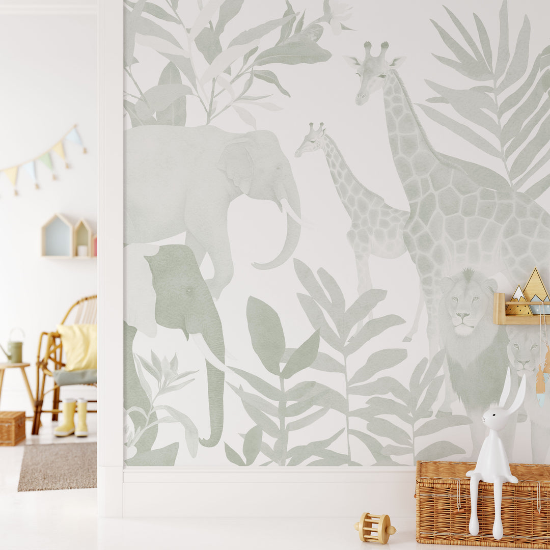 Safari in Sage Mural - Nursery Wallpaper, Modern African Jungle Animals for Boys Light Sage and White