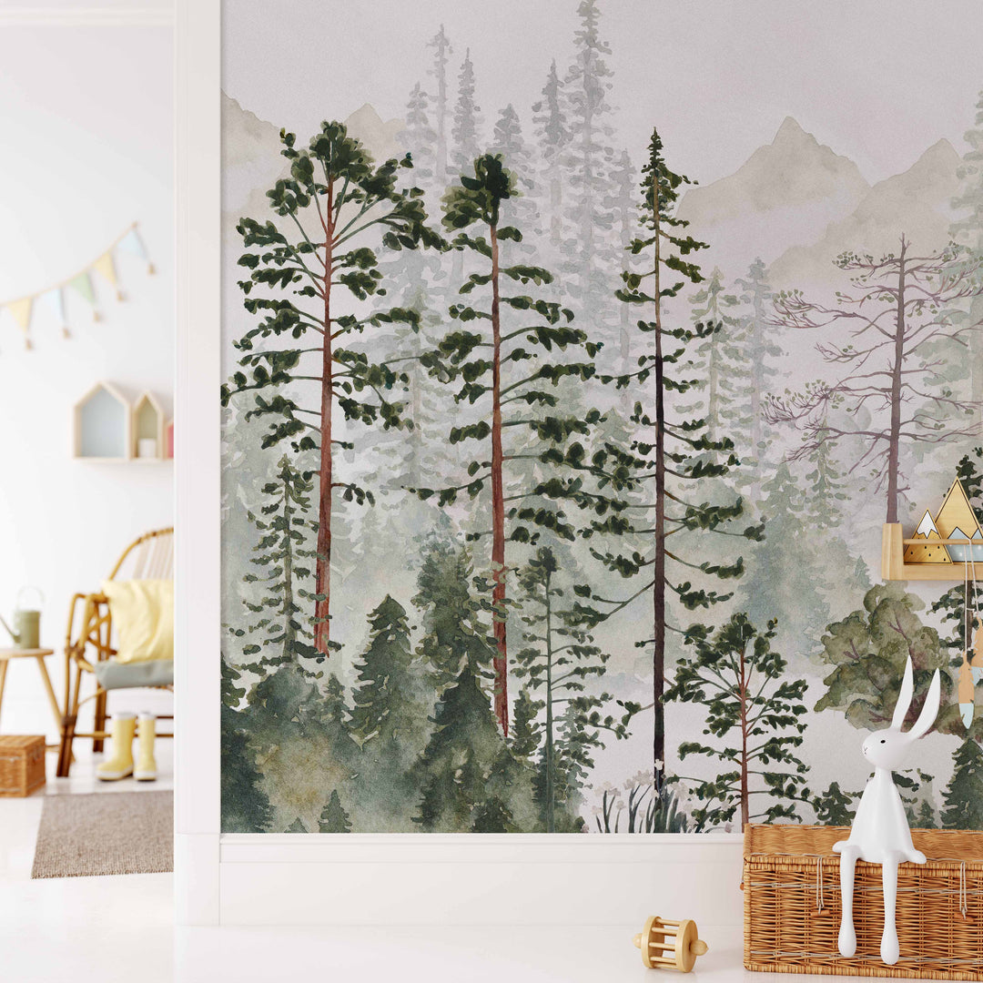 Foggy Pine Tree Forest Mural | Woodland Boys Kids Nursery Wallpaper