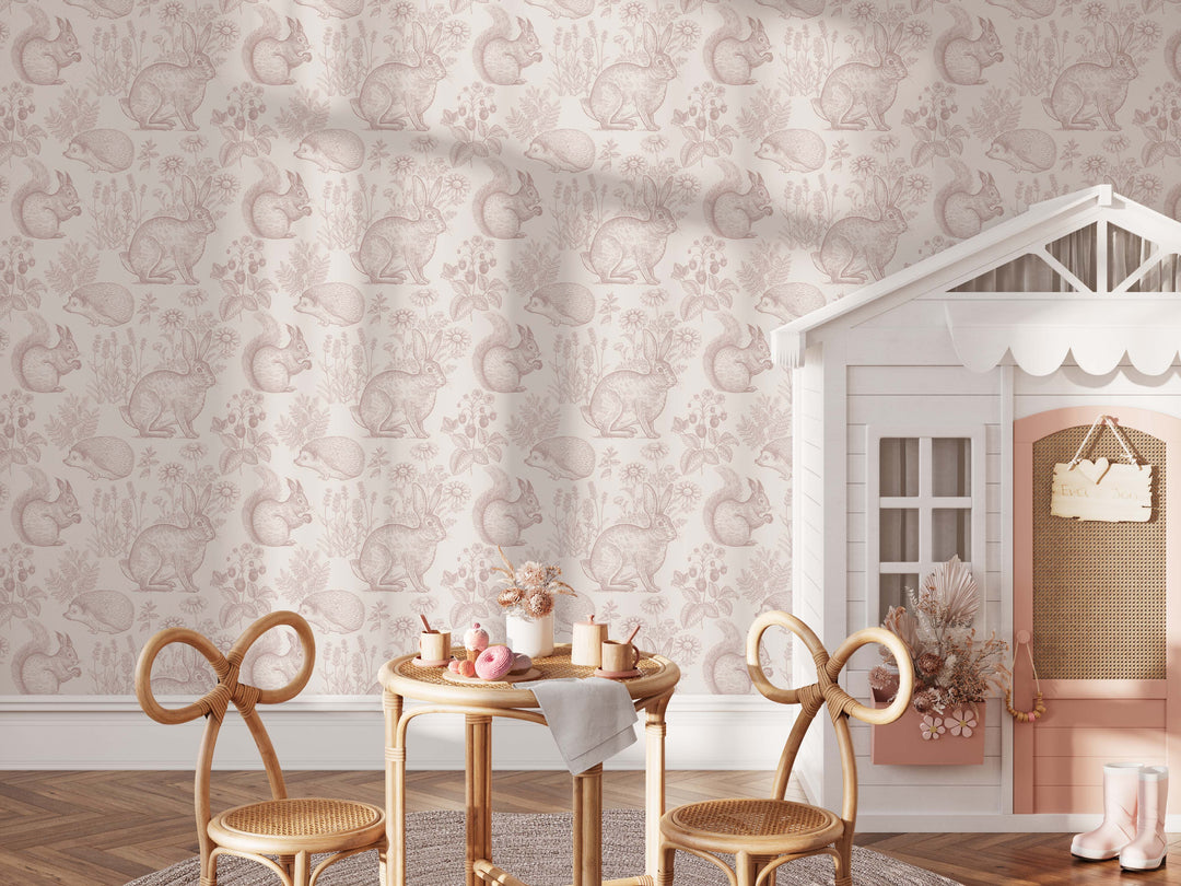 Whimsy Critters Wallpaper in Pink - Vintage Forest Animals