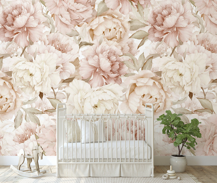 Boho Blush Watercolor Peony Bouquet Mural | Large Scale Floral Girl Nursery Wallpaper