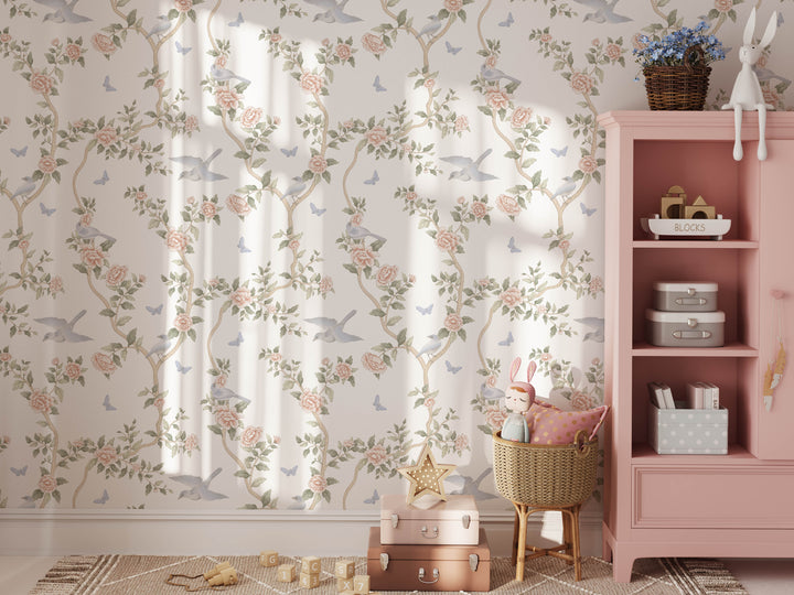 Le Tariche Chinoiserie Mural in Pastels and White | Floral Elegant Girl Nursery Wallpaper