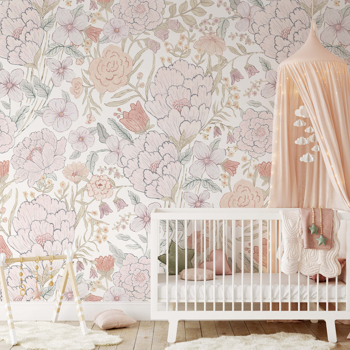 Romantic Meadow Mural | Large Scale Floral Bouquet Girl Nursery Wallpaper