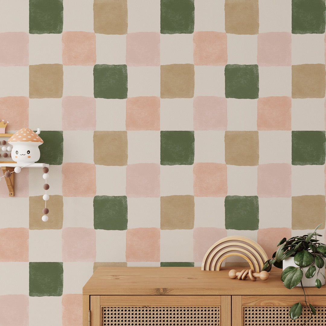 Boho Green and Pink Checkered Wallpaper