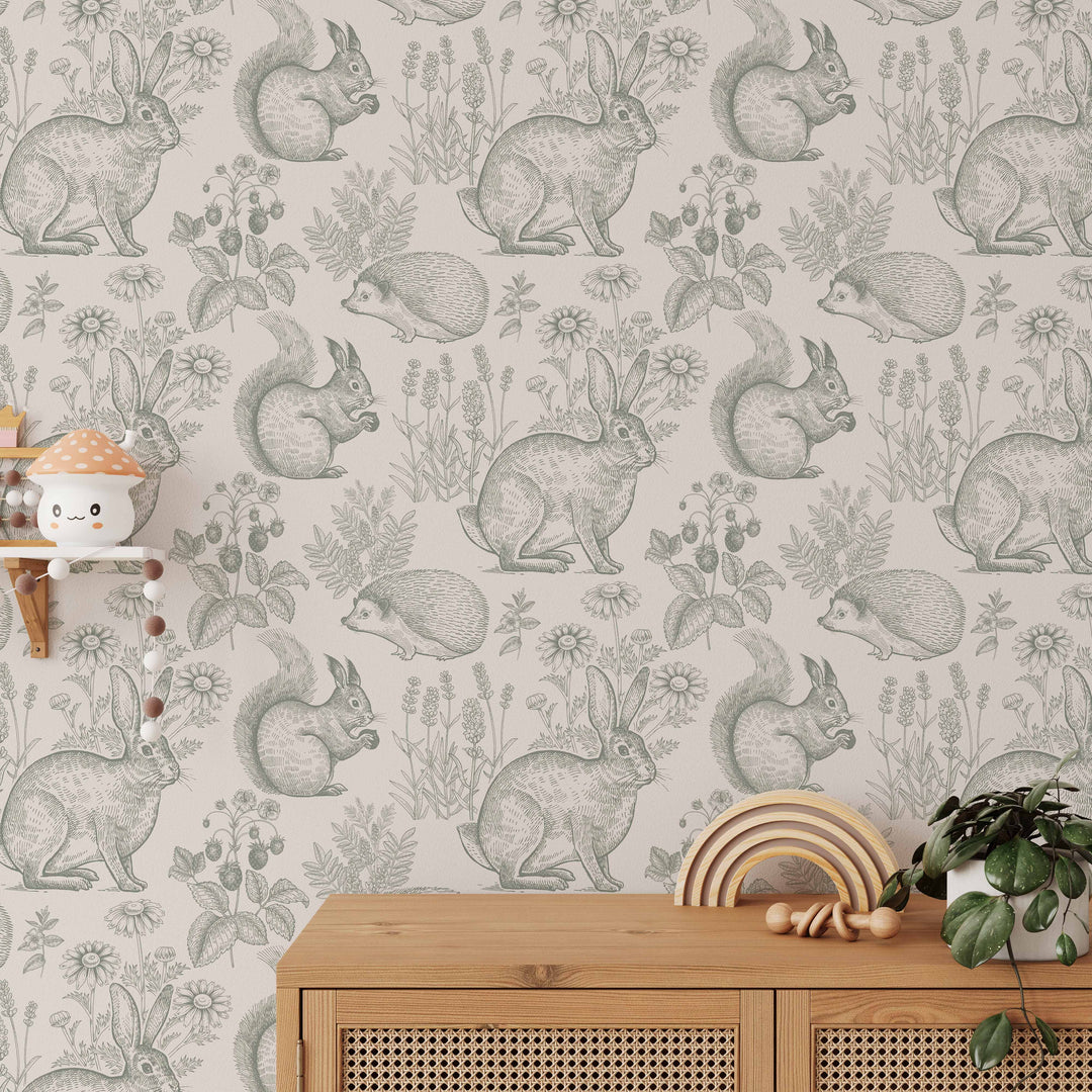 Whimsy Critters Wallpaper in Sage