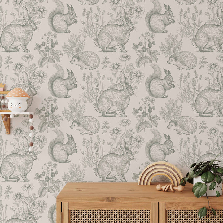 Whimsy Critters Wallpaper in Sage