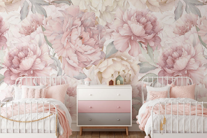 Muted Blush Watercolor Peony Garden Mural | Large Scale Floral Girl Nursery Wallpaper