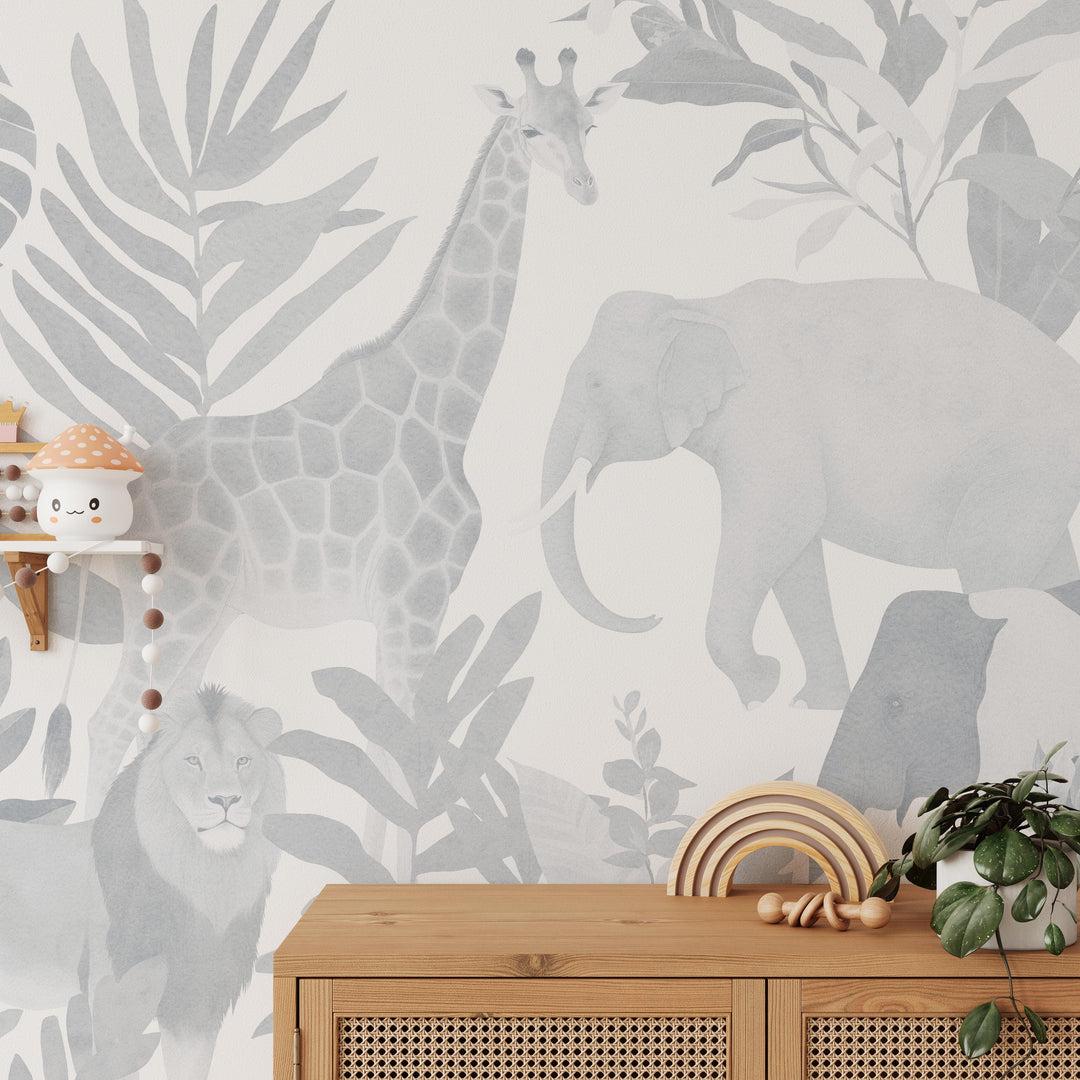 Safari in Blue Mural - Minimal Nursery Wallpaper, African Jungle Animals for Boys Light Indigo and White