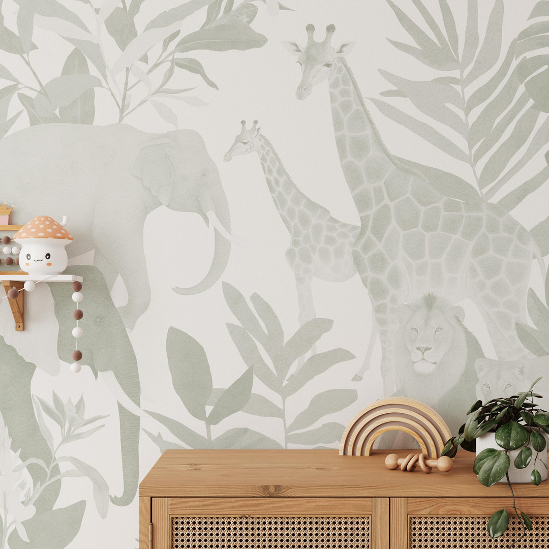 Safari in Sage Mural - Nursery Wallpaper, Modern African Jungle Animals for Boys Light Sage and White