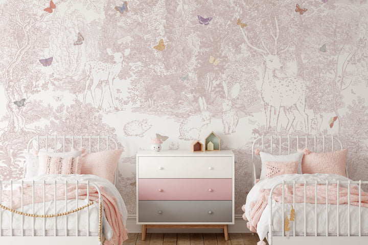 Heirloom Forest Wallpaper Mural in Pink - Magical Antique Woodland Scene with Animals