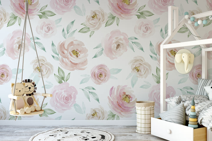 Watercolor Rose Wallpaper Mural | Floral Girl Nursery Wallpaper