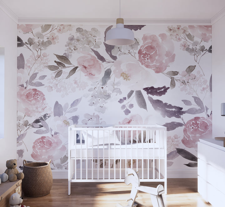 Delicate Forest Floral Wallpaper Mural | Delicate Watercolor Floral Girl Nursery Wallpaper