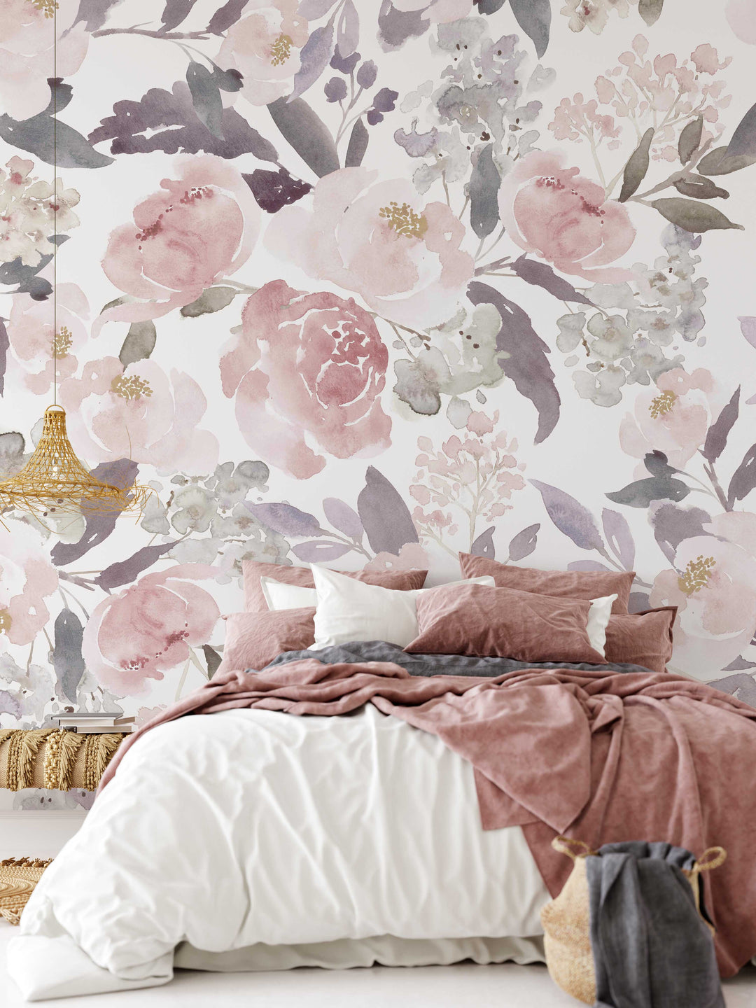 Josephine with Peonies Mural | Delicate Boho Floral Girl Nursery Wallpaper