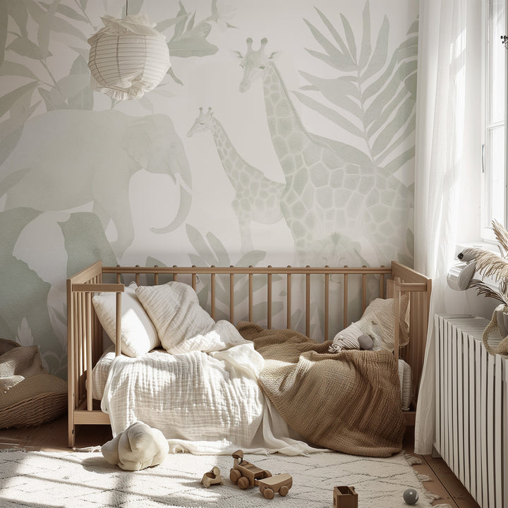 Safari in Sage Mural - Nursery Wallpaper, Modern African Jungle Animals for Boys Light Sage and White