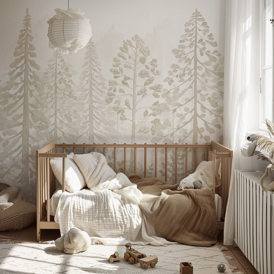 Neutral Woodland Whispers Wallpaper Mural - Nursery Foggy Pine Tree Forest Scene