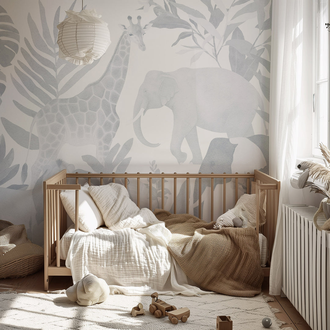 Safari in Blue Mural - Minimal Nursery Wallpaper, African Jungle Animals for Boys Light Indigo and White