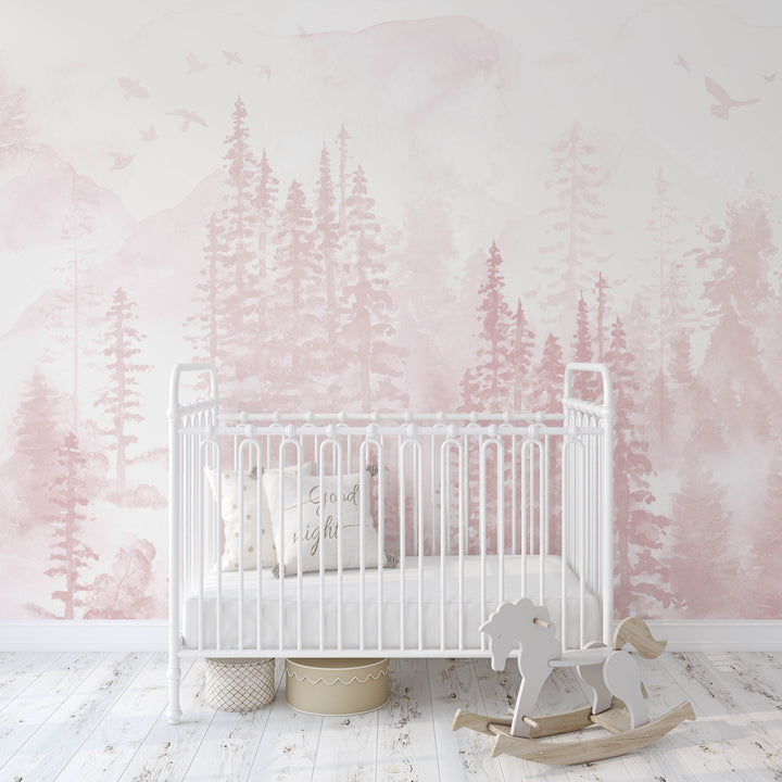 Girly Winter Forest in Pink Mural | Woodland Pine Trees Girls Kids Nursery Wallpaper