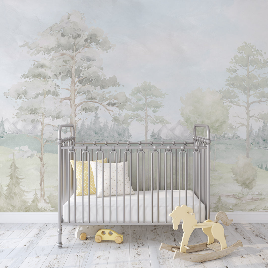 Barrington Mist Pastel Watercolor Mural | Elegant Landscape Valley Boys Girls Kids Nursery Wallpaper