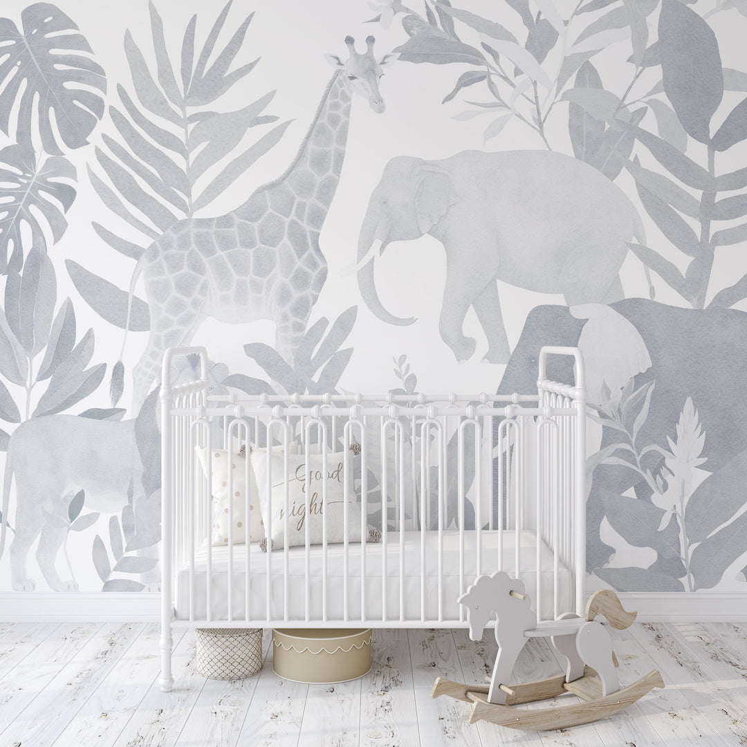 Safari in Blue Mural - Minimal Nursery Wallpaper, African Jungle Animals for Boys Light Indigo and White