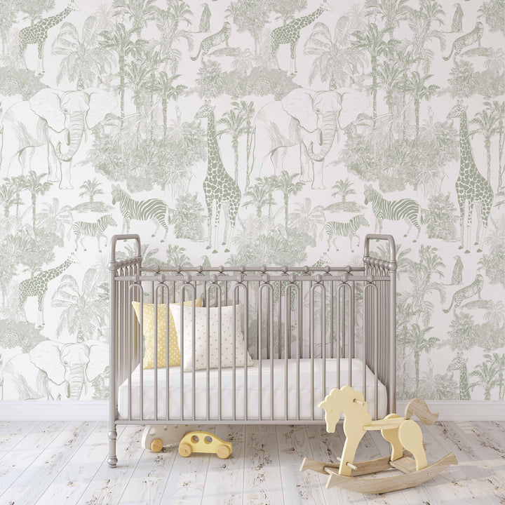 Safari Sage Jungle Wallpaper Mural - Minimal Jungle with Animals