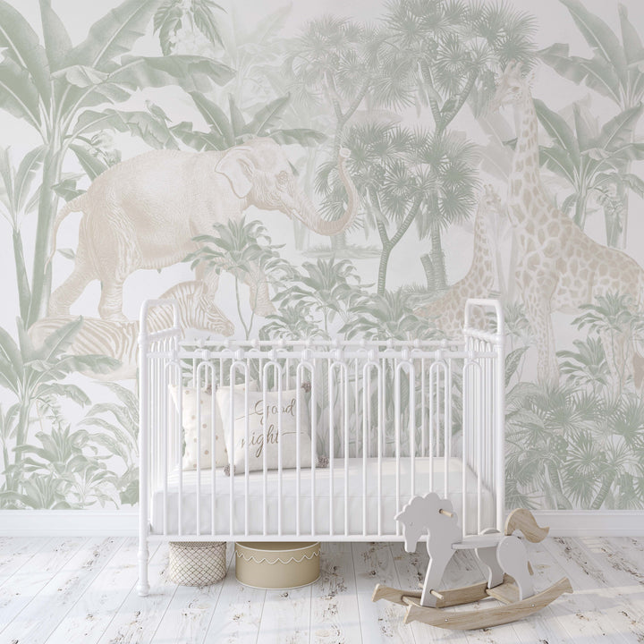 Antique African Jungle Mural in Sage and Cream