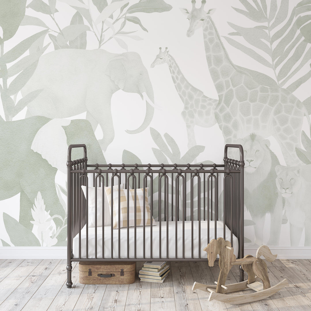 Safari in Sage Mural - Nursery Wallpaper, Modern African Jungle Animals for Boys Light Sage and White