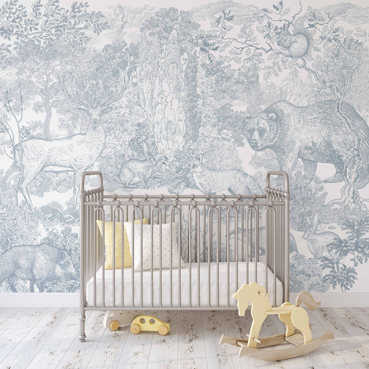 Timeless Forest Wallpaper Mural in Blue - Antique Woodland Scene with Animals