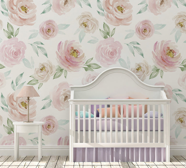 Watercolor Rose Wallpaper Mural | Floral Girl Nursery Wallpaper