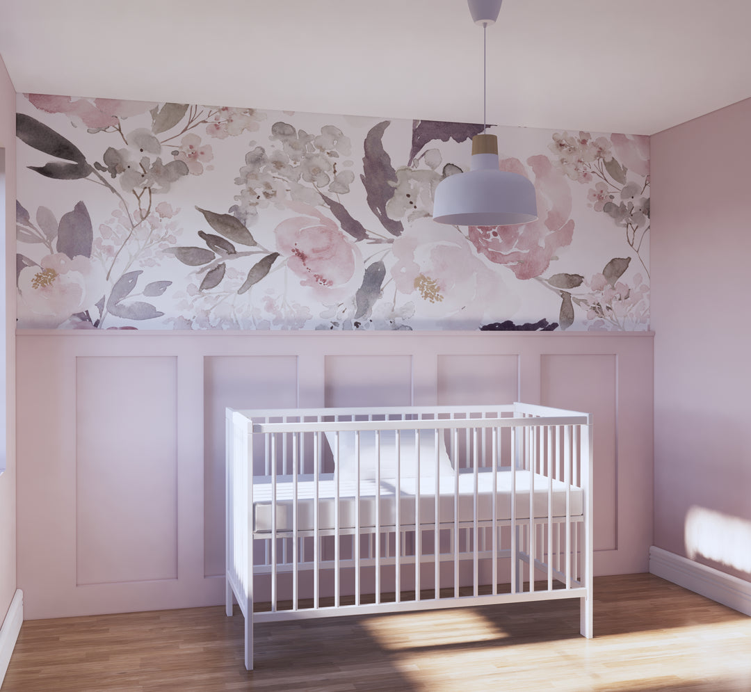 Delicate Forest Floral Wallpaper Mural | Delicate Watercolor Floral Girl Nursery Wallpaper