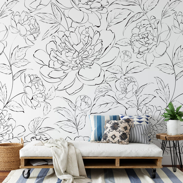 The Minimalist Peony Mural | Delicate Boho Floral Girl Nursery Wallpaper