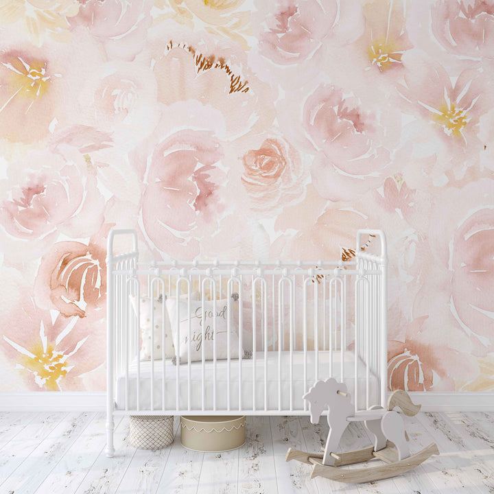 Soft Blush Watercolor Peony Mural