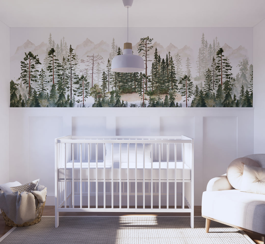 Foggy Pine Tree Forest Mural | Woodland Boys Kids Nursery Wallpaper