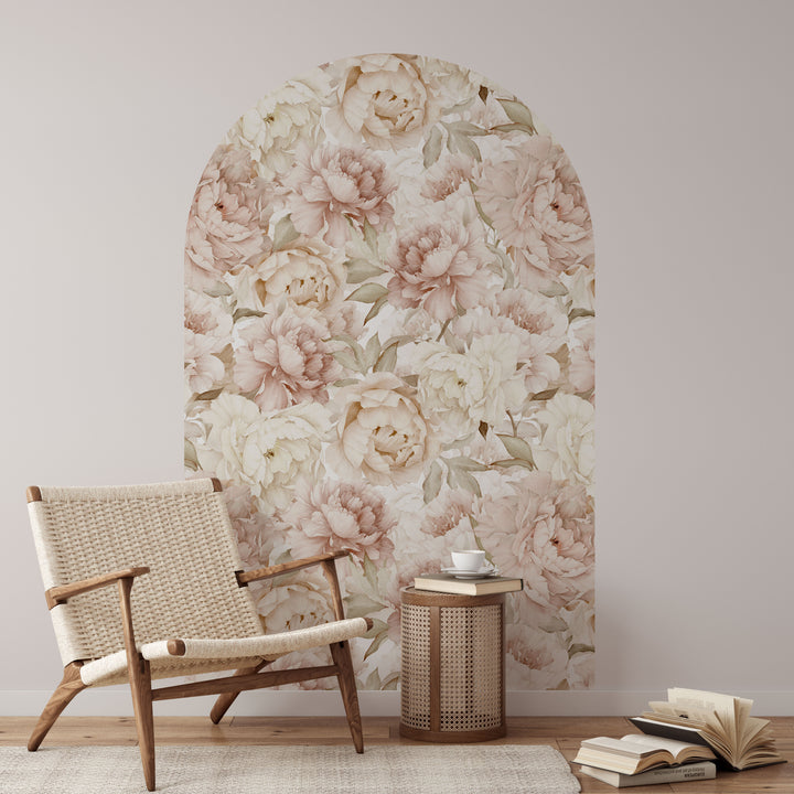 Vinilo decorativo para pared con arco floral y ramo de peonías en acuarela, rubor bohemio