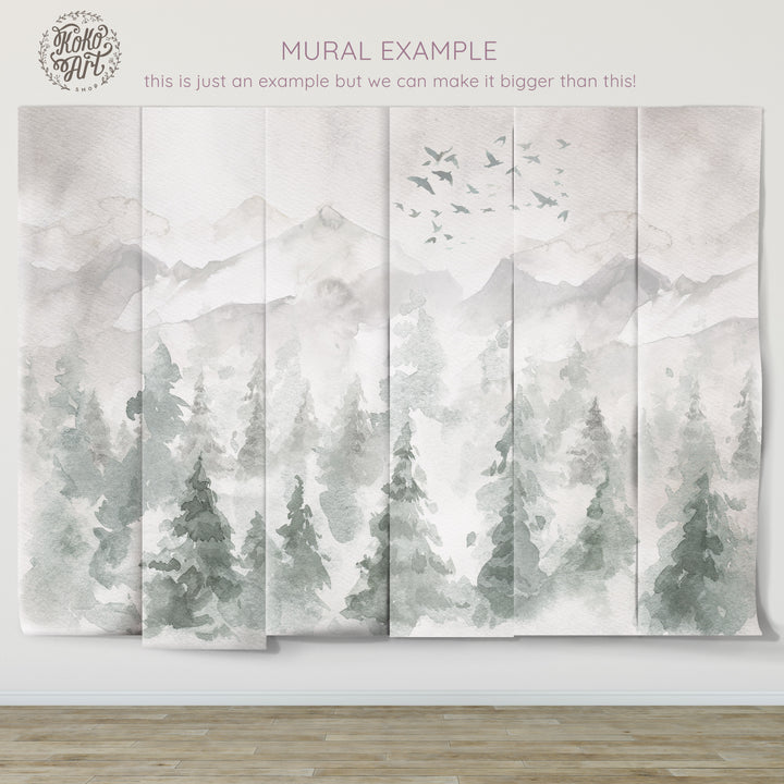 Watercolor Landscape Mural | Woodland Pines Forest Boys Girls Kids Nursery Wallpaper