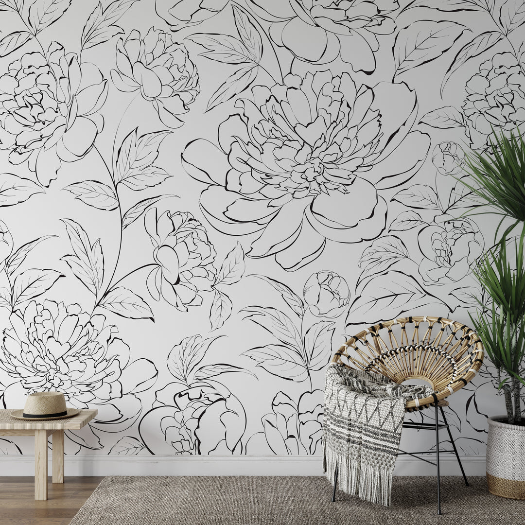 The Minimalist Peony Mural | Delicate Boho Floral Girl Nursery Wallpaper