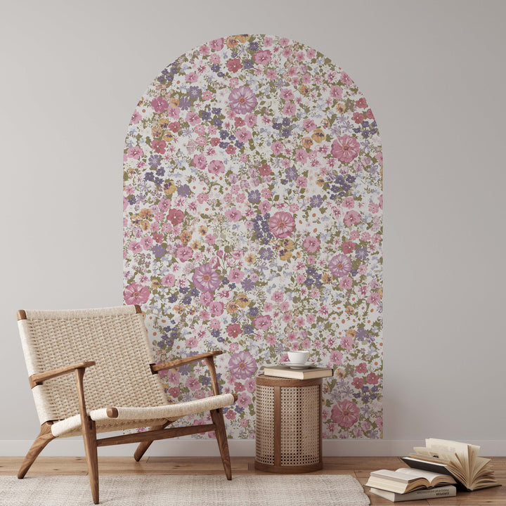 Vinilo decorativo para pared con arco floral de jardín rosa etéreo