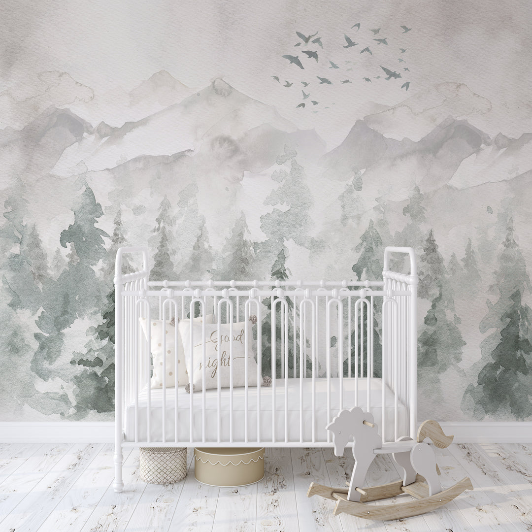 Watercolor Landscape Mural | Woodland Pines Forest Boys Girls Kids Nursery Wallpaper