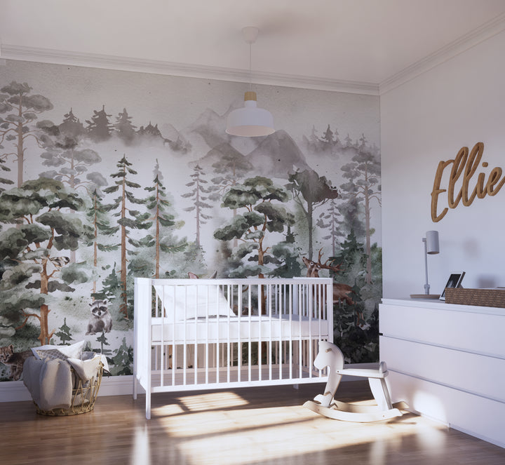 Deer Woodland Mural | Woodland Pines Forest Boys Girls Kids Nursery Wallpaper