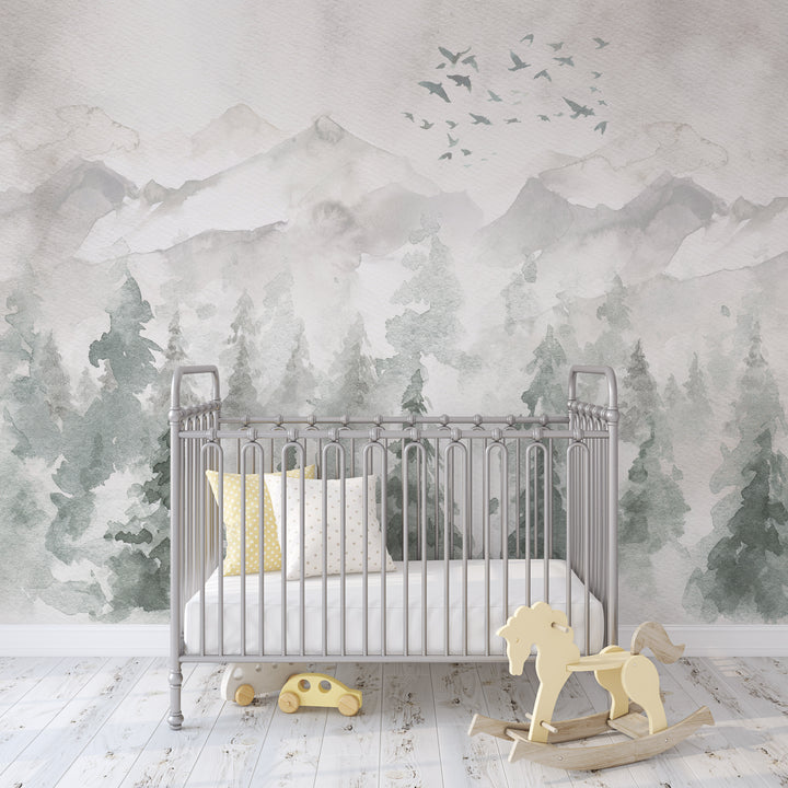 Watercolor Landscape Mural | Woodland Pines Forest Boys Girls Kids Nursery Wallpaper