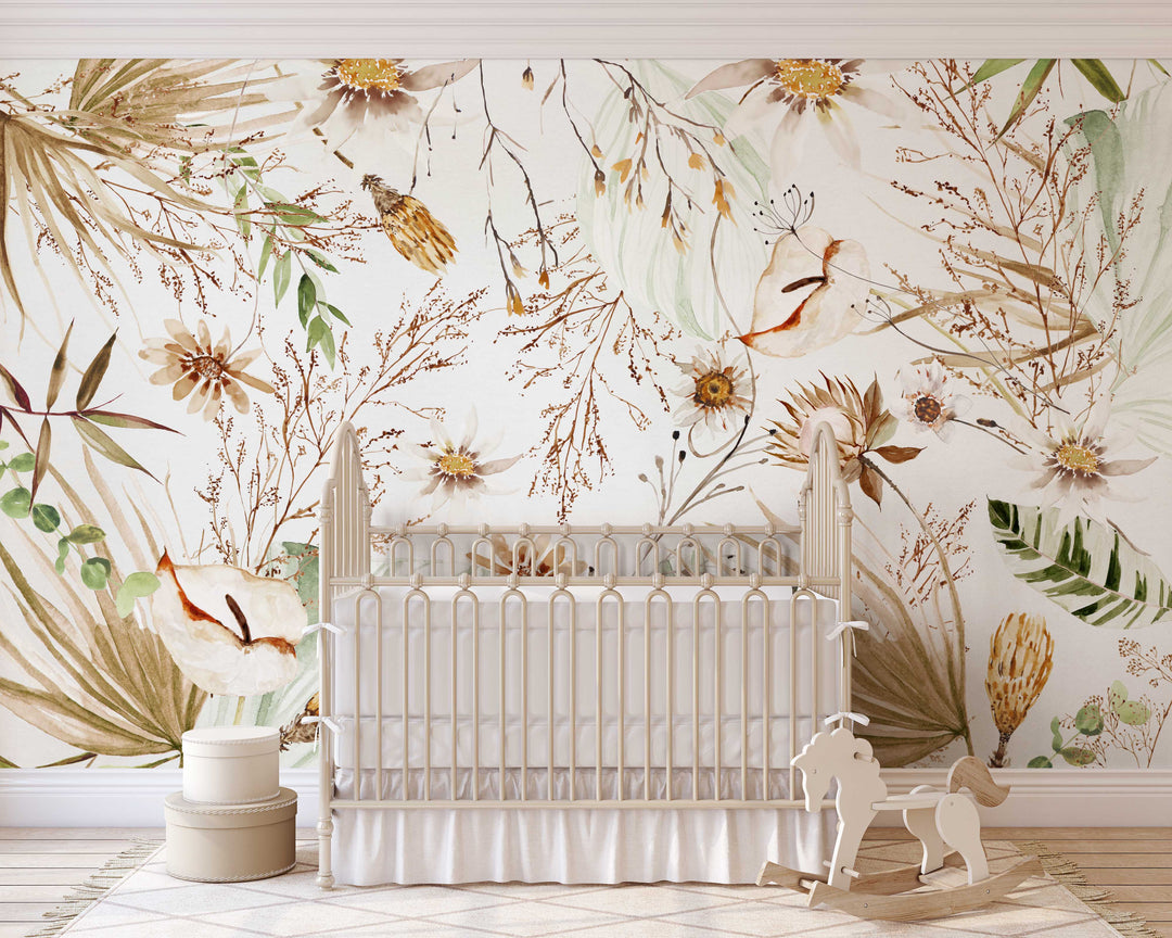 Boho Spring Mural | Delicate Boho Floral Girl Nursery Wallpaper